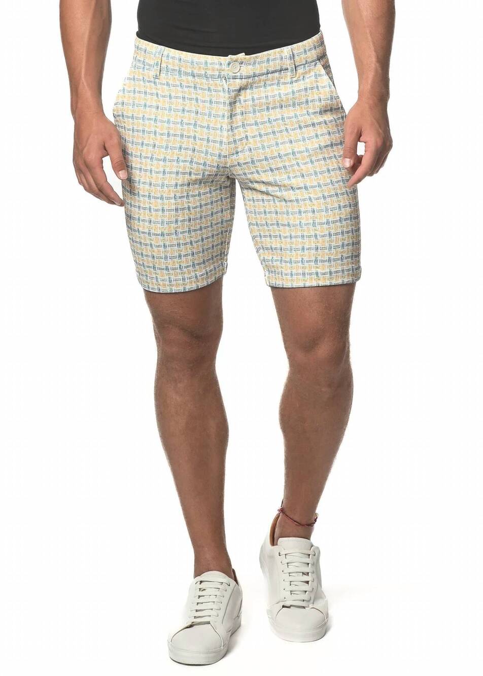 NEW POSTMARC check 8" inseam stretch knit printed checks short in amber/slate
